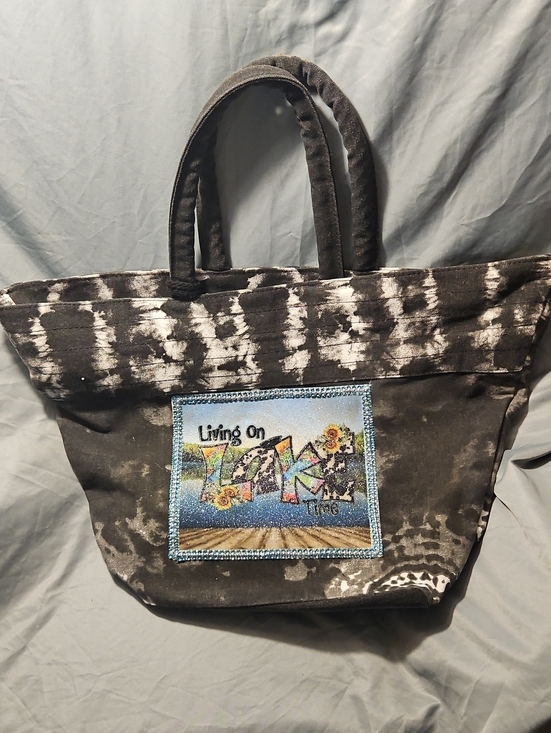 Hand Crafted Handbags - Hand Crafted Black & White Tie-Dye Tote with 'Living On Lake' Patch